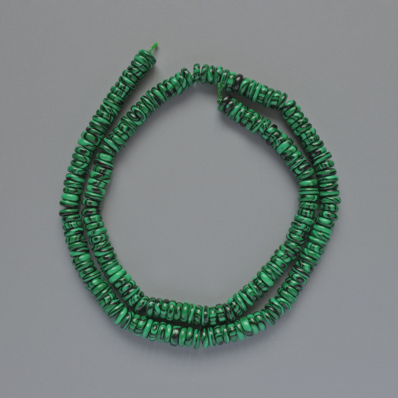 Malachite (Pressed) Beads, smooth rondelle, diameter 6x2mm+/-, length 39cm +/- on a thread