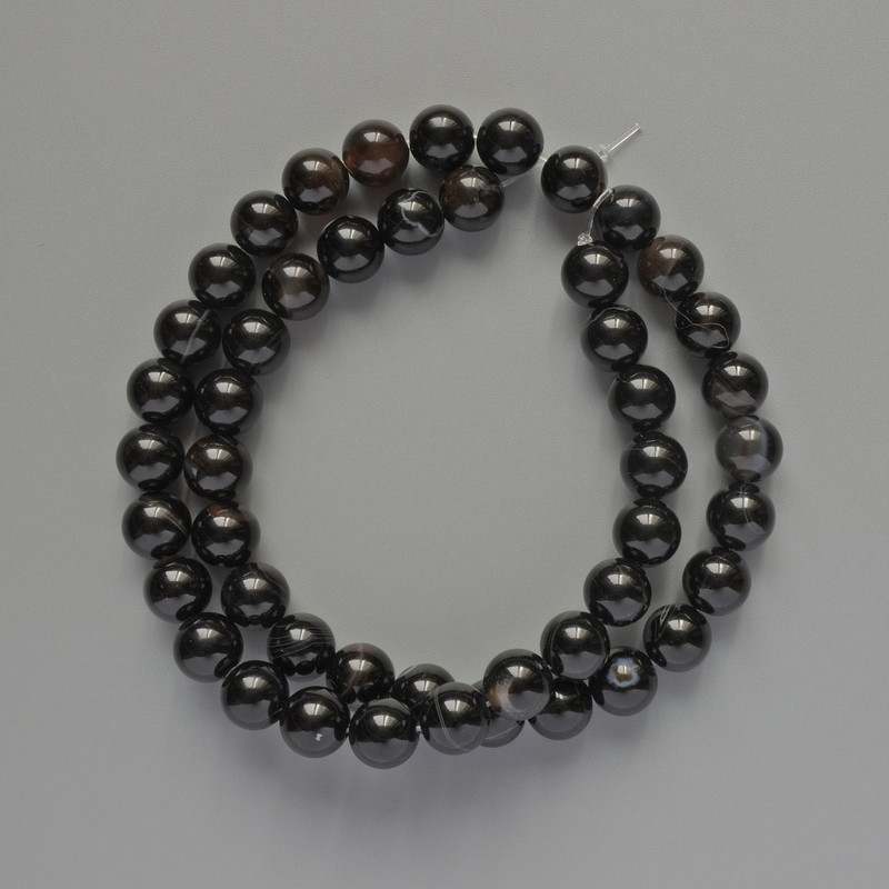 Beads Black Agate Natural Stone Smooth Round, Diameter 8mm+-, Length 38cm+- on Fishing Line