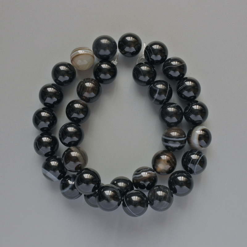 Black Agate Beads, Natural Stone, Smooth Round, 12mm+/- Diameter, 38cm+/- Length, on Fishing Line