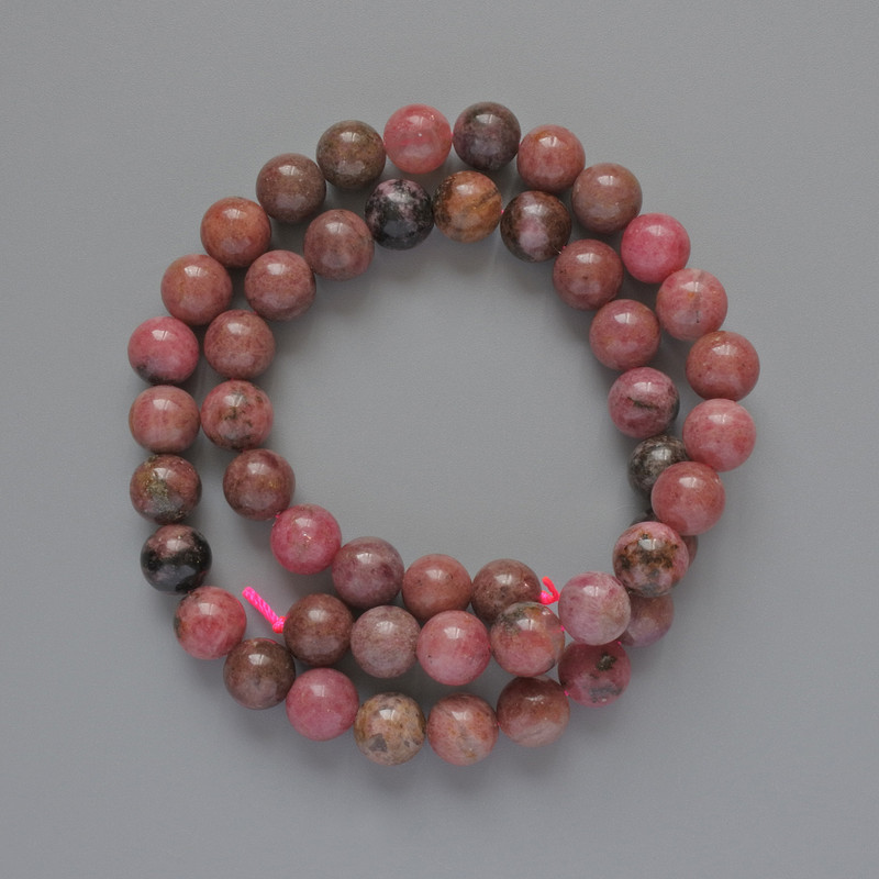 Rhodonite Beads, Natural Stone, Smooth Round, 8mm+/- Diameter, 39cm+/- Length, on a Thread