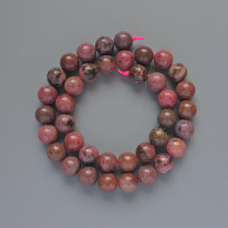 Rhodonite Beads Natural Stone Smooth Round, diameter 10mm+/-, length 39cm +/- on a thread