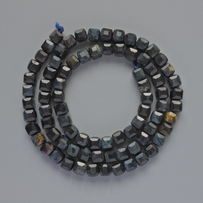 Hawk's Eye Beads Natural Stone Faceted Cube, Diameter 5mm+/-, Length 39cm+/- on Thread