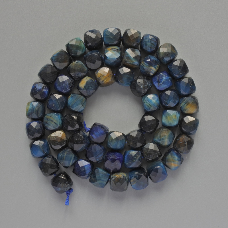 Blue Tiger's Eye Beads Toned Natural Stone Faceted Cube, Diameter 7mm+/-, Length 39cm+/- on Thread