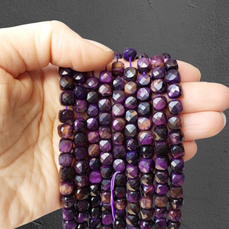 Purple Tiger's Eye Beads Toned Natural Stone Faceted Cube, Diameter 7mm+/-, Length 39cm+/- on Thread