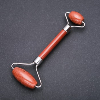 Aventurine Golden Sand Stone Massager, Double-Sided, 14.5cm Length, Silver-Toned Metal
