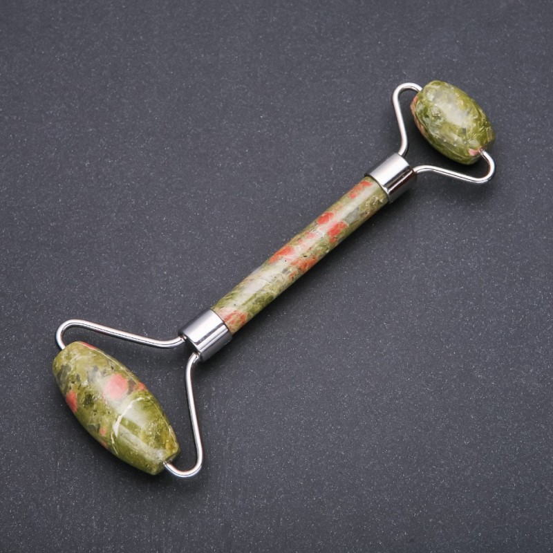 Heliotrope Unakite Stone Massager, Double-Sided, 14.5cm Length, Silver-Toned Metal