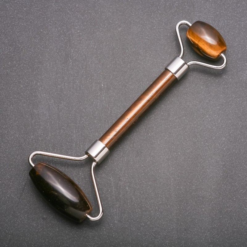 Natural Tiger's Eye Stone Massager, 14cm Length, Silver-Toned Metal