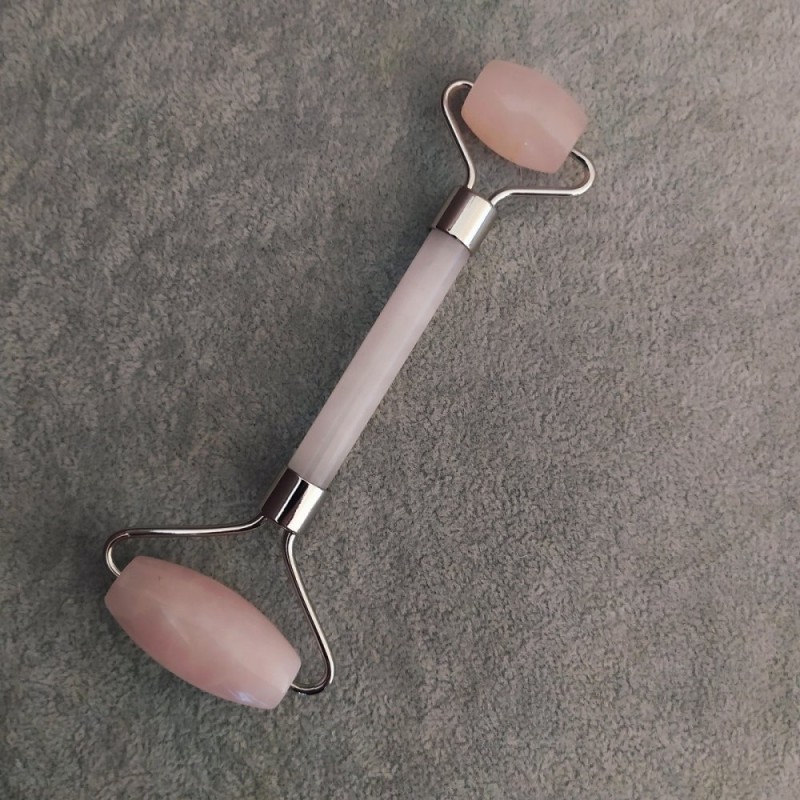 Rose Quartz Massager, Double-Sided, Length 14.5cm, Silver-Tone Metal