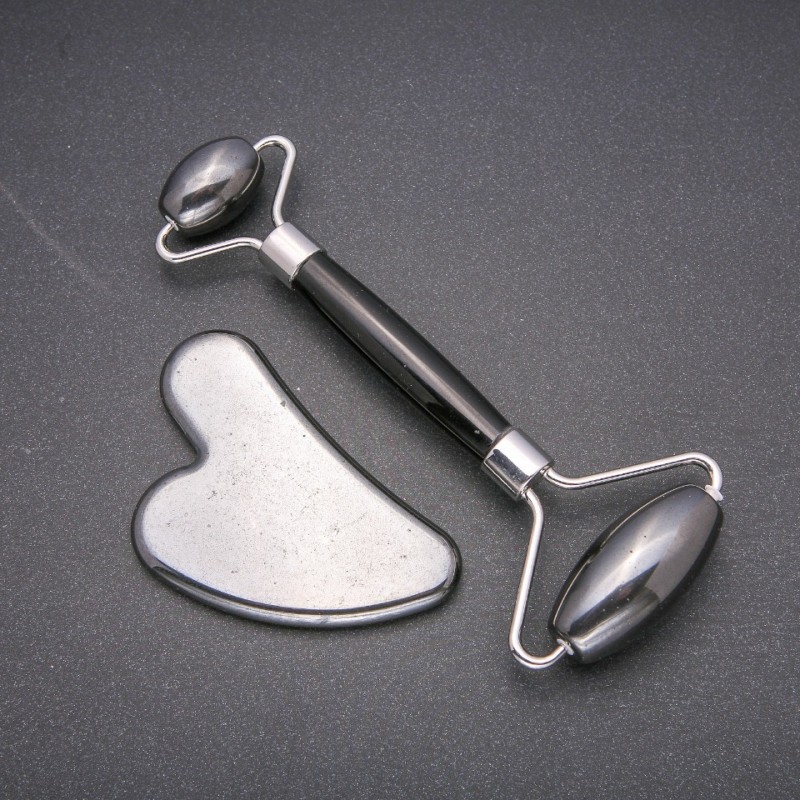 Hematite Massager Set: Roller (Length 14cm) + Gua Sha (5x8cm+/-), Silver-Tone Metal