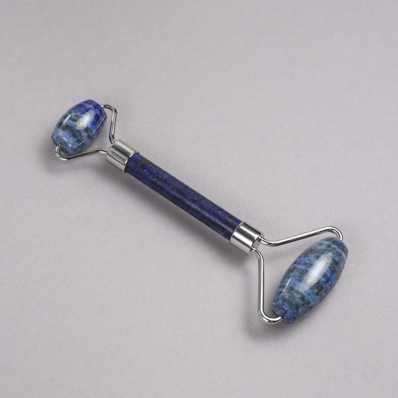 Lapis Lazuli Roller Massager, Double-Sided, Length 14.5cm, Silver-Tone Metal