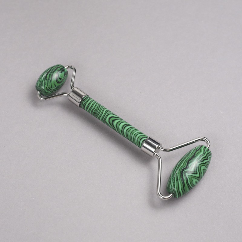 Malachite Roller Massager, Double-Sided, Length 14.5cm, Silver-Tone Metal