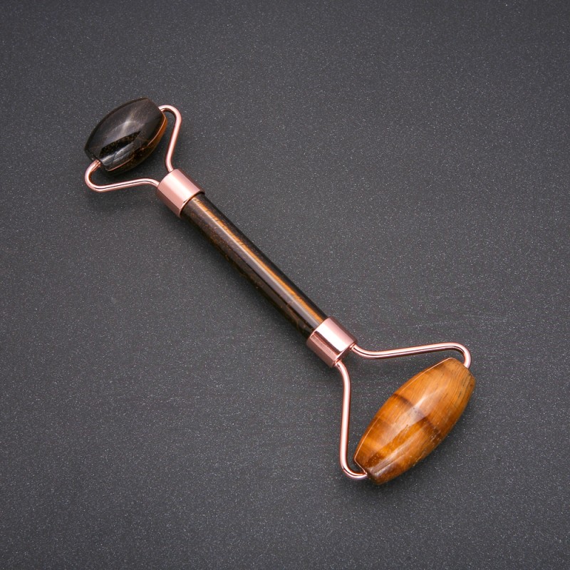Roller Massager with Tiger's Eye Stone, Gold-Tone Metal, length 14.5mm