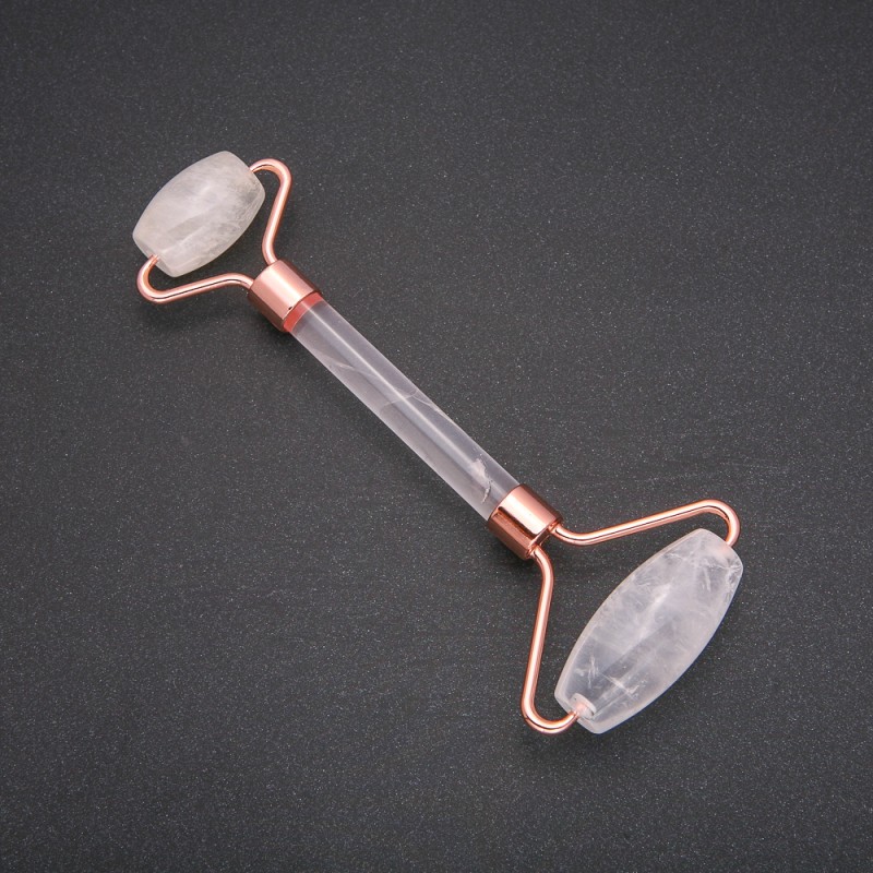 Roller Massager with Natural Rock Crystal Stone, length 14.5cm, copper-tone metal