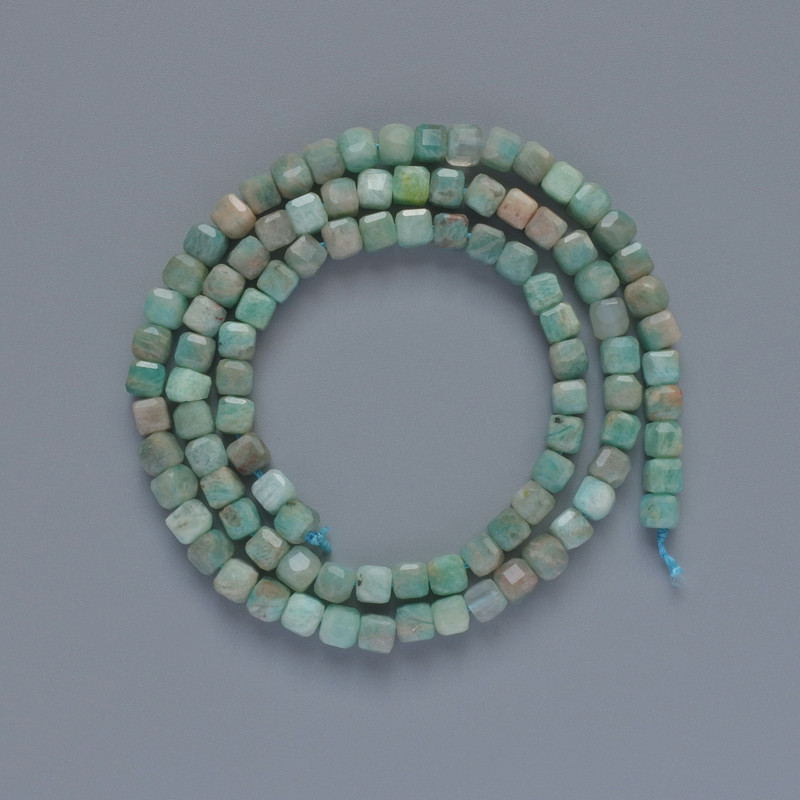 Beads Amazonite natural stone faceted cube, diameter 4mm+-, length 39cm+- on a thread