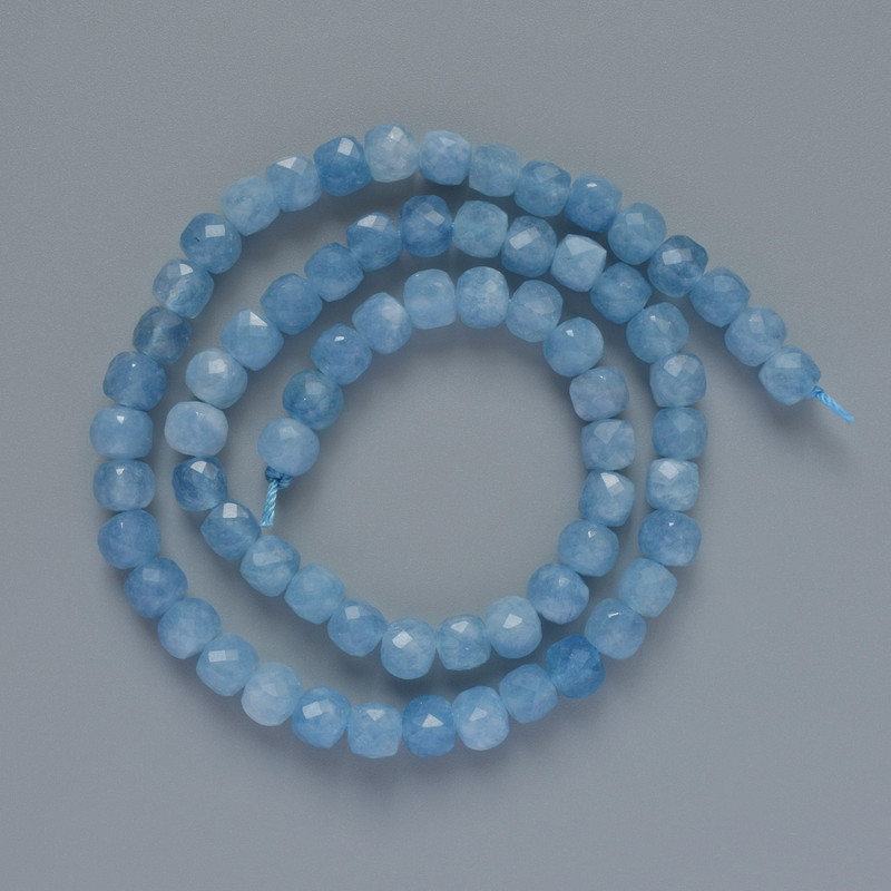 Beads Aquamarine natural stone faceted cube, diameter 5.5mm+-, length 38cm+- on a thread