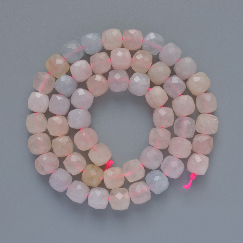 Beads Morganite natural stone faceted cube, diameter 7.5mm+-, length 38cm+- on a thread