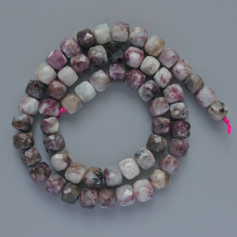 Beads Tourmaline natural stone faceted cube, diameter 7mm+-, length 39cm+- on a thread