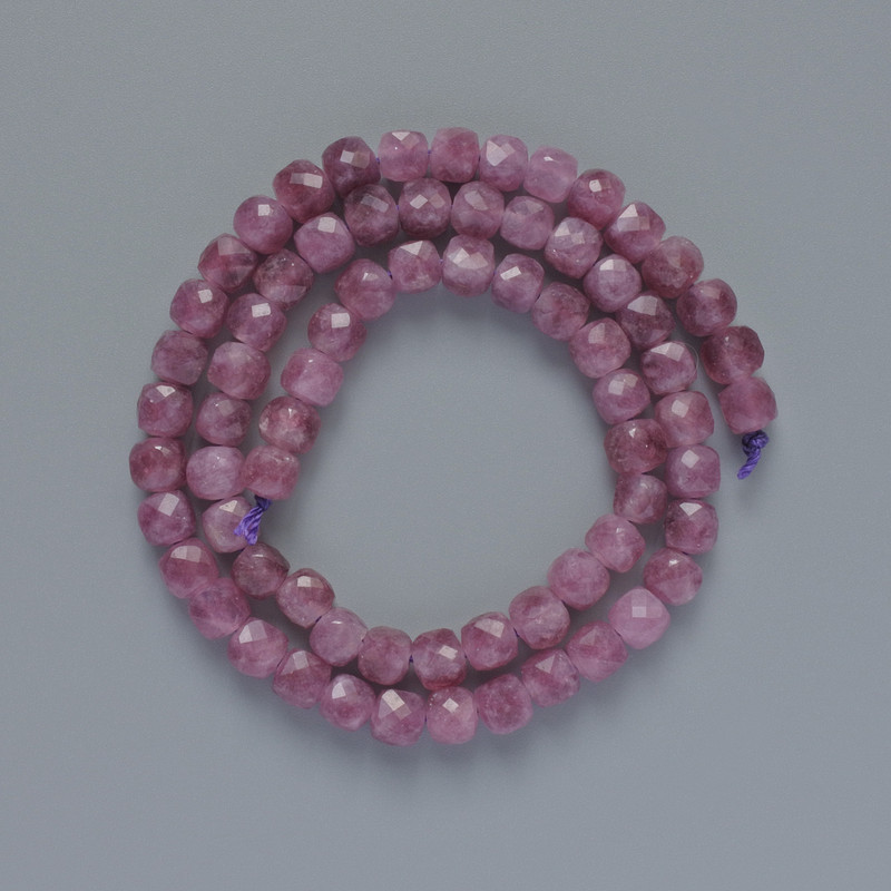 Beads Tourmaline Rubellite natural stone faceted cube, diameter 5.5mm+-, length 38cm+- on a thread