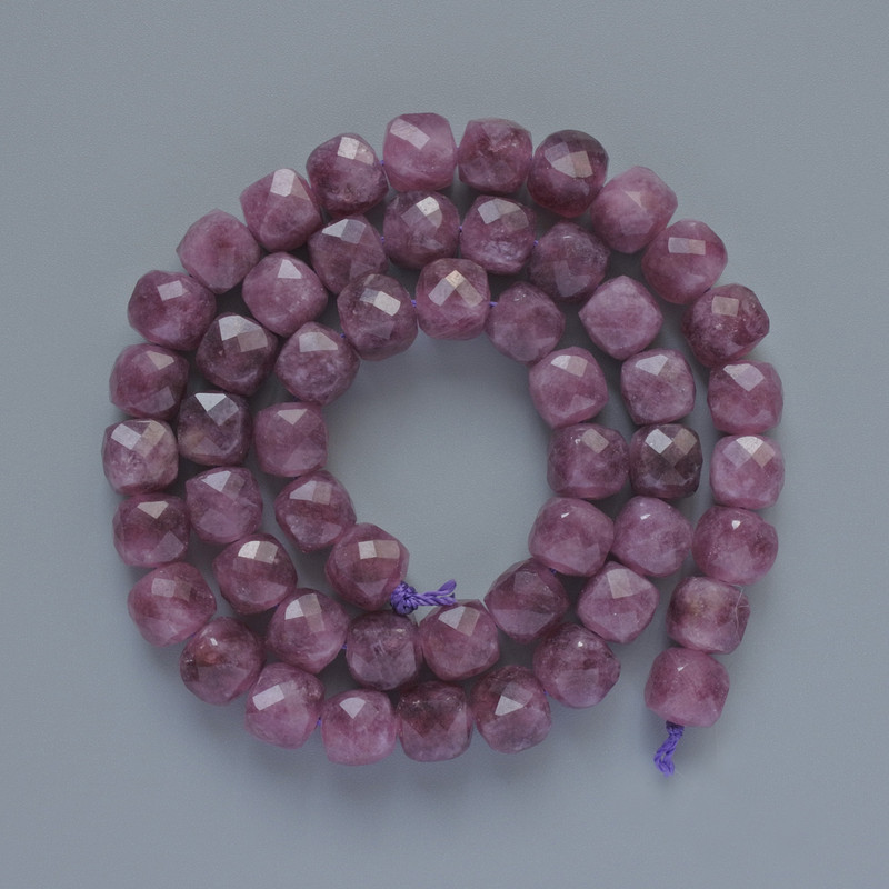 Beads Tourmaline Rubellite natural stone faceted cube, diameter 7mm+-, length 38cm+- on a thread