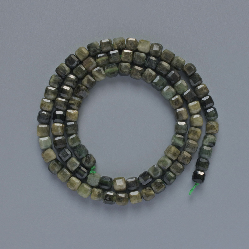Beads Tourmaline Green natural stone faceted cube, diameter 4mm+-, length 39cm+- on a thread