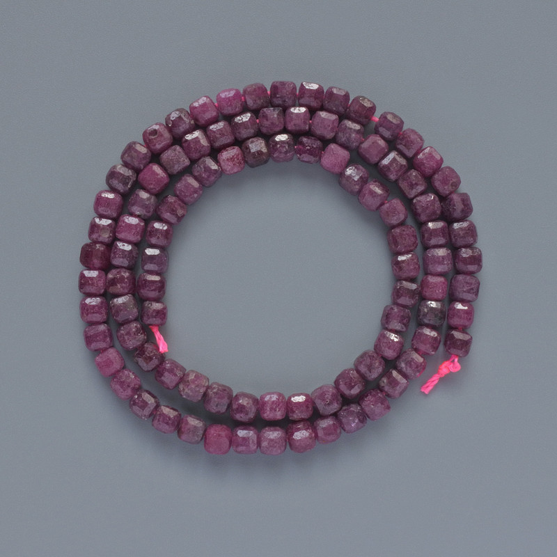 Ruby Natural Stone Beads, Faceted Cube, Diameter 4mm+/-, Length 38cm+/- on a Strand