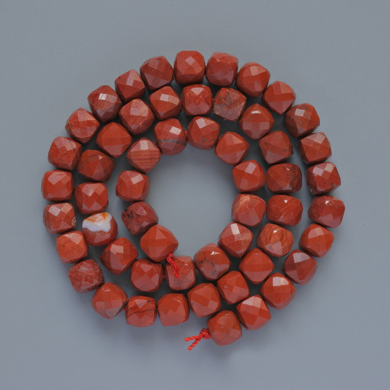 Red Jasper Natural Stone Beads, Faceted Cube, Diameter 7mm+/-, Length 38cm+/- on a Strand