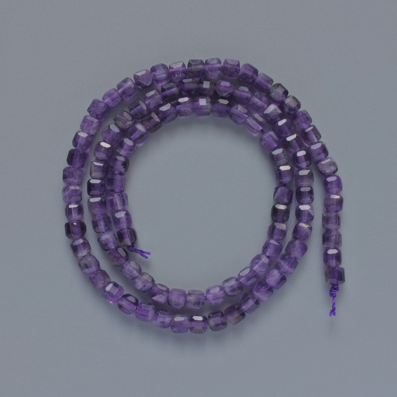 Amethyst Natural Stone Beads, Faceted Cube, Diameter 4mm+/-, Length 39cm+/- on a Strand