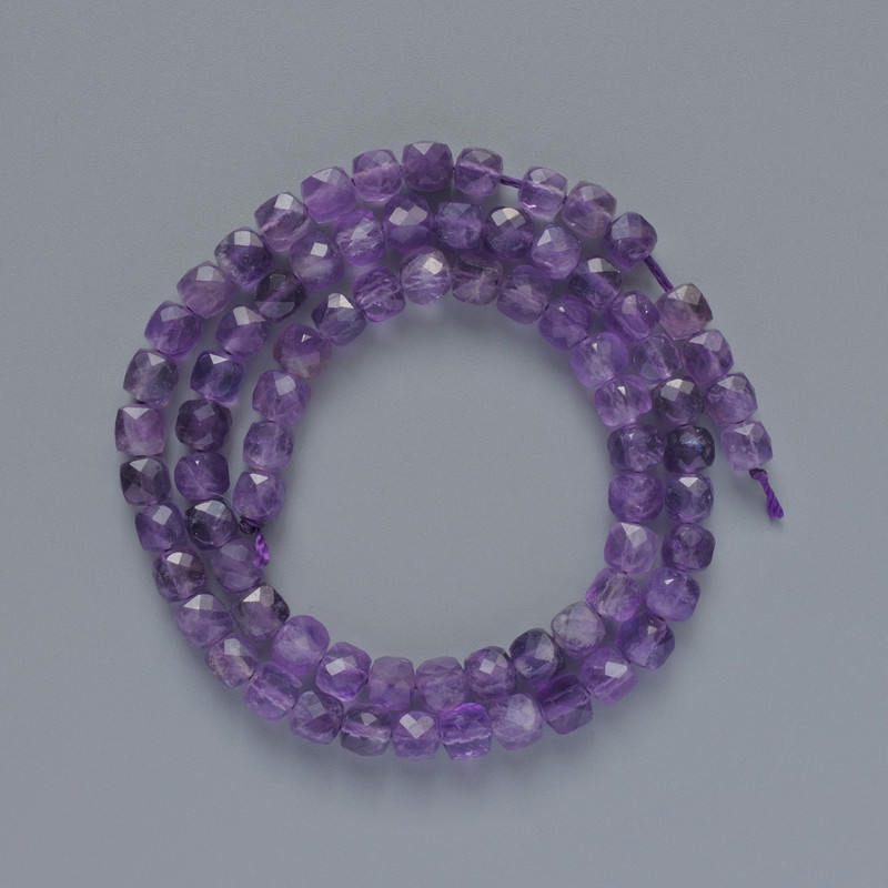 Amethyst Beads, Natural Stone, Faceted Cube, 5.5mm+/- Diameter, 38cm+/- Strand