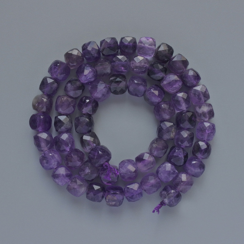 Amethyst Beads, Natural Stone, Faceted Cube, 7mm+/- Diameter, 38cm+/- Strand