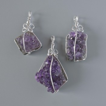 Amethyst Druzy Geode Pendant, Natural Stone in Silver-Tone Setting, Assorted Sizes from 16x38mm to 28x44mm+