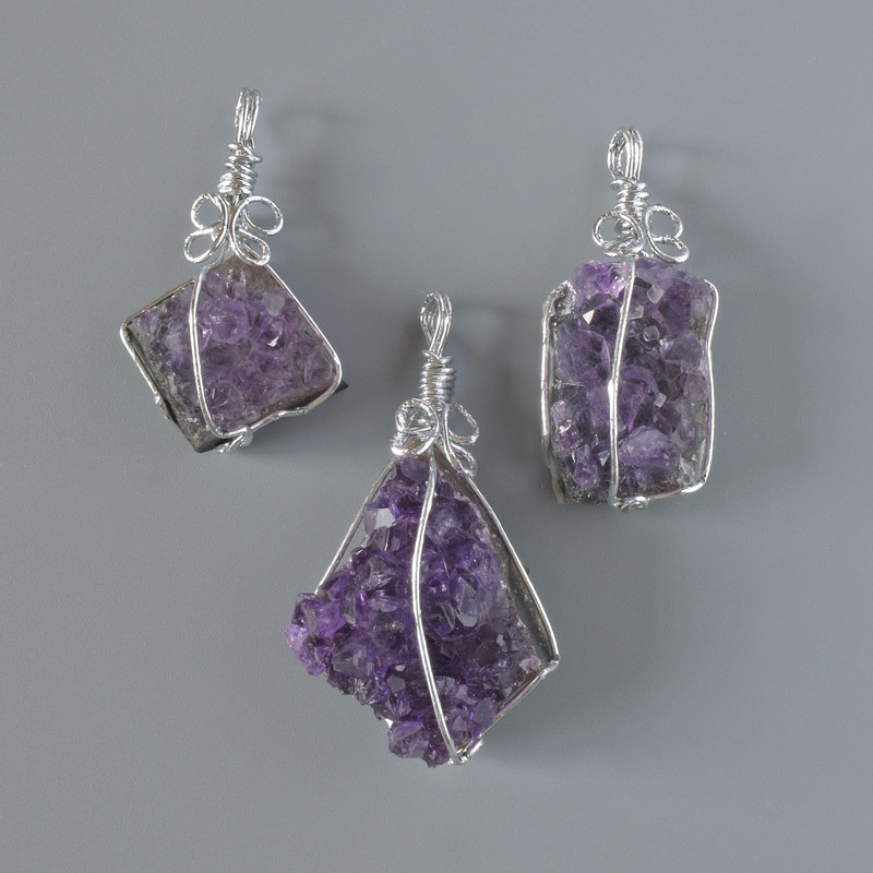 Amethyst Druzy Geode Pendant, Natural Stone in Silver-Tone Setting, Assorted Sizes from 16x38mm to 28x44mm+