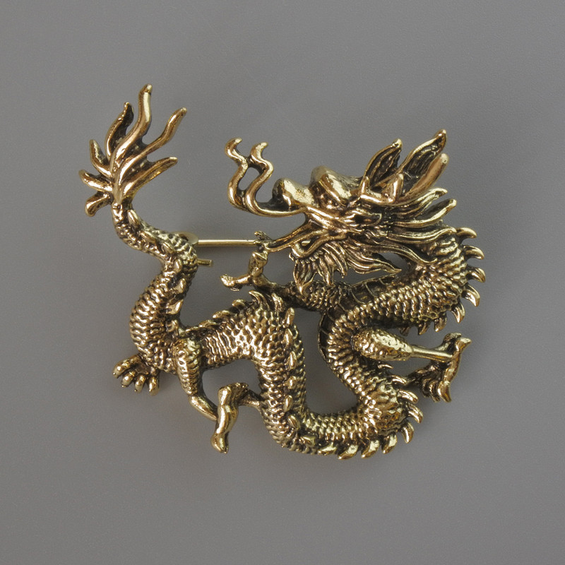 Dragon Pendant Brooch, Gold-Tone Metal, 44x37mm