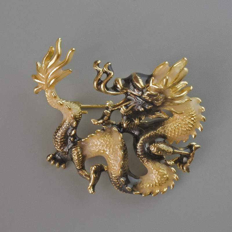 Dragon Pendant Brooch, Black & Beige Enamel, Gold-Tone Metal, 44x37mm