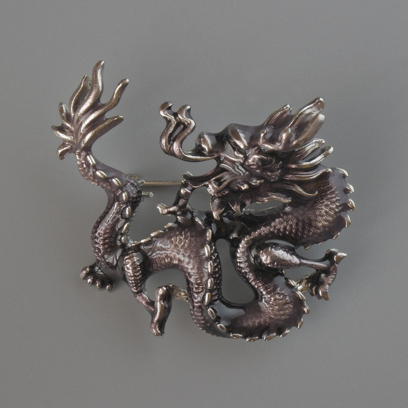 Dragon Pendant Brooch, Brown Enamel, Silver-Tone Metal, 44x37mm