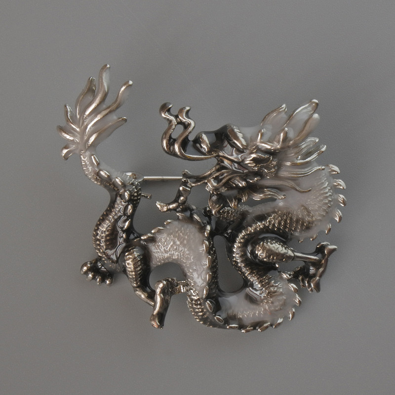 Dragon Pendant Brooch, Black & Grey Enamel, Silver-Tone Metal, 44x37mm