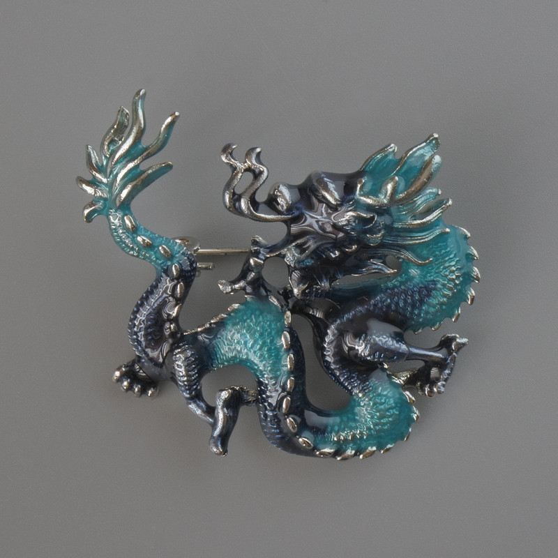Dragon Pendant Brooch, Light Blue & Blue Enamel, Silver-Tone Metal, 44x37mm