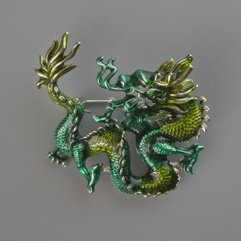 Dragon Pendant Brooch, Green & Light Green Enamel, Silver-Tone Metal, 44x37mm