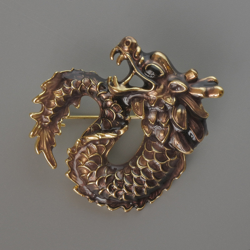 Dragon Brooch Pendant, Brown Enamel, Gold-Tone Metal 42x42mm