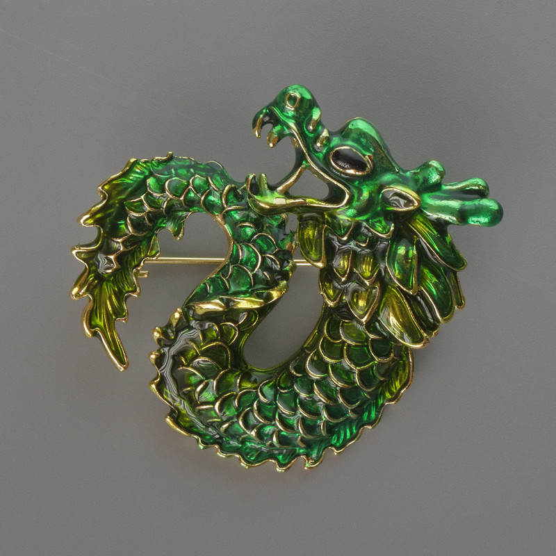 Dragon Brooch Pendant, Green and Lime Green Enamel, Gold-Tone Metal 42x42mm