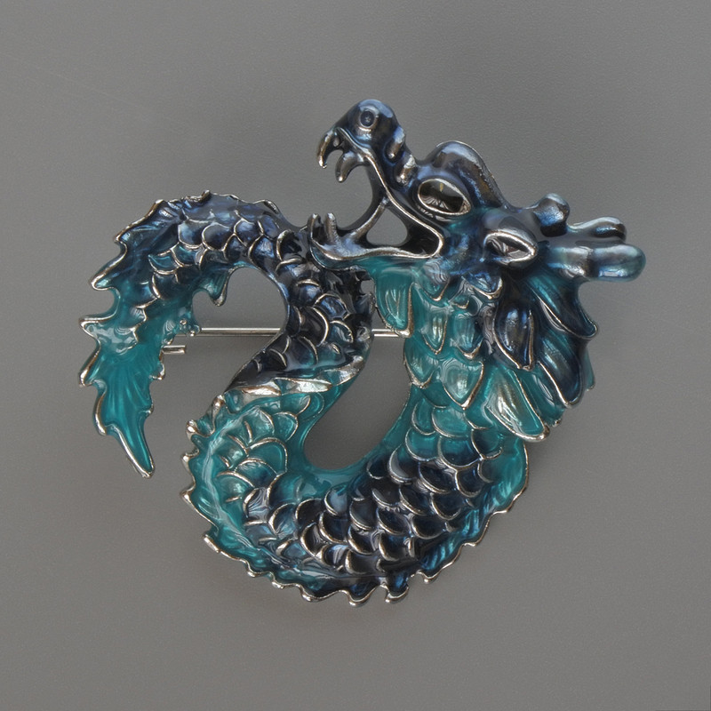 Dragon Brooch Pendant, Light Blue and Blue Enamel, Silver-Tone Metal, 42x42mm