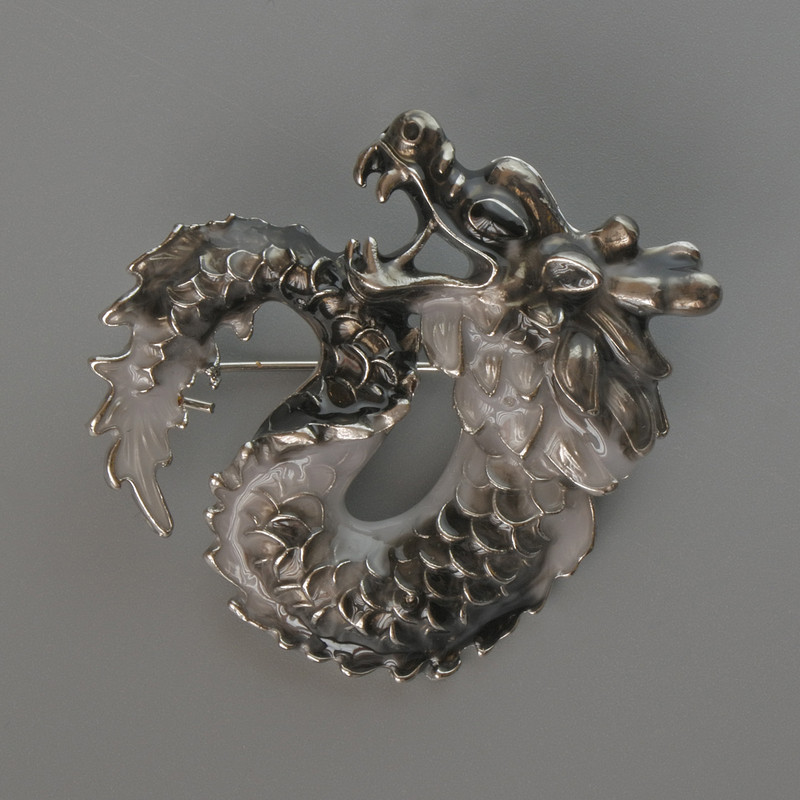 Dragon Brooch Pendant, Black and Grey Enamel, Silver-Tone Metal, 42x42mm