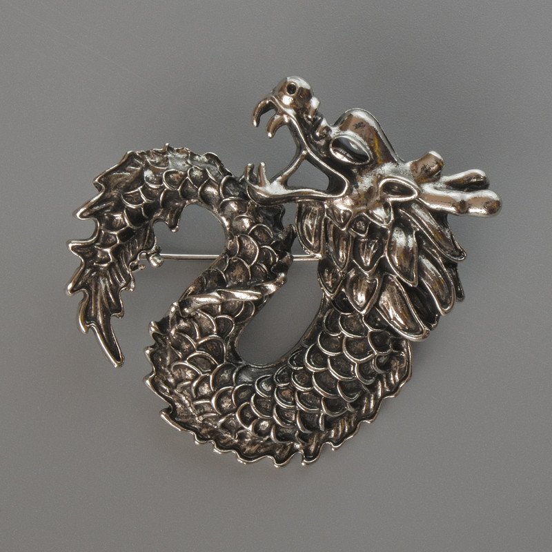 Dragon Brooch Pendant, Silver-Tone Metal, 42x42mm