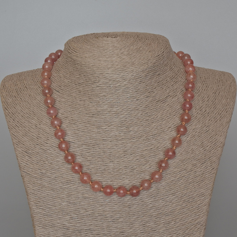 Strawberry Quartz Necklace, natural stone, smooth round beads, diameter 8.5mm+/-, length 47cm+