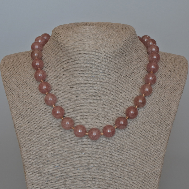 Strawberry Quartz Necklace, natural stone, smooth round beads, diameter 12.5mm+/-, length 47cm+