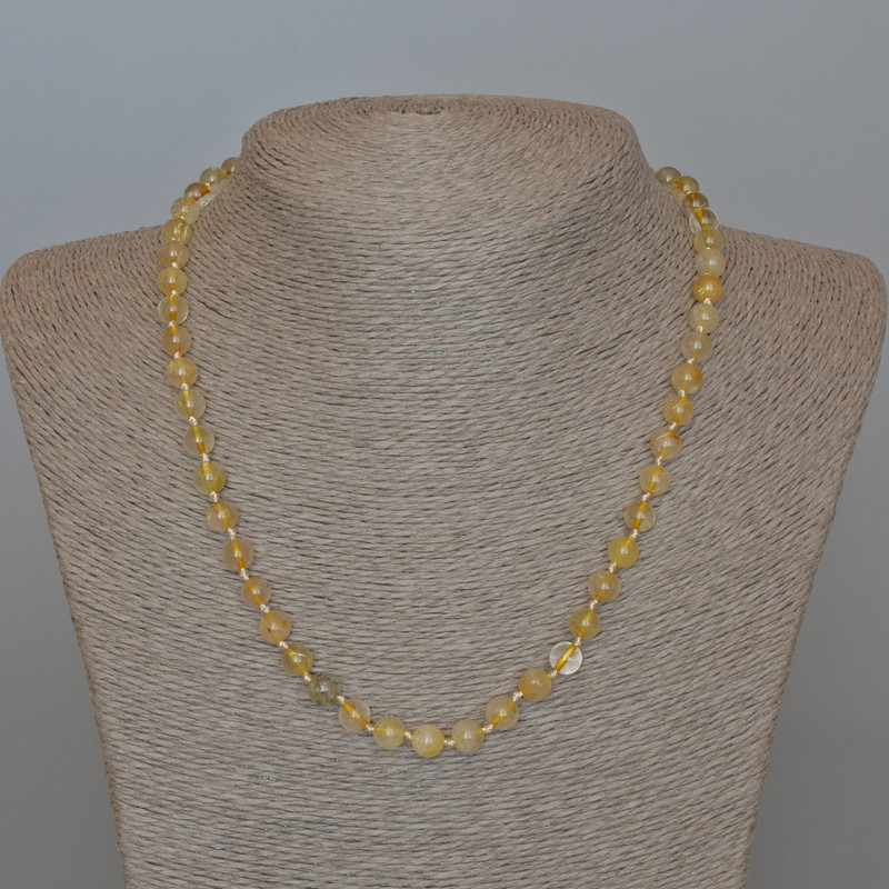 Rutilated Quartz Necklace, natural stone, smooth round beads, diameter 6.5mm+/-, length 49cm+