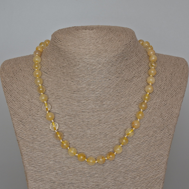 Rutilated Quartz Necklace, Hairy Quartz Natural Stone, Smooth Round Beads Ø 8.5 mm ±, Length 48 cm ±