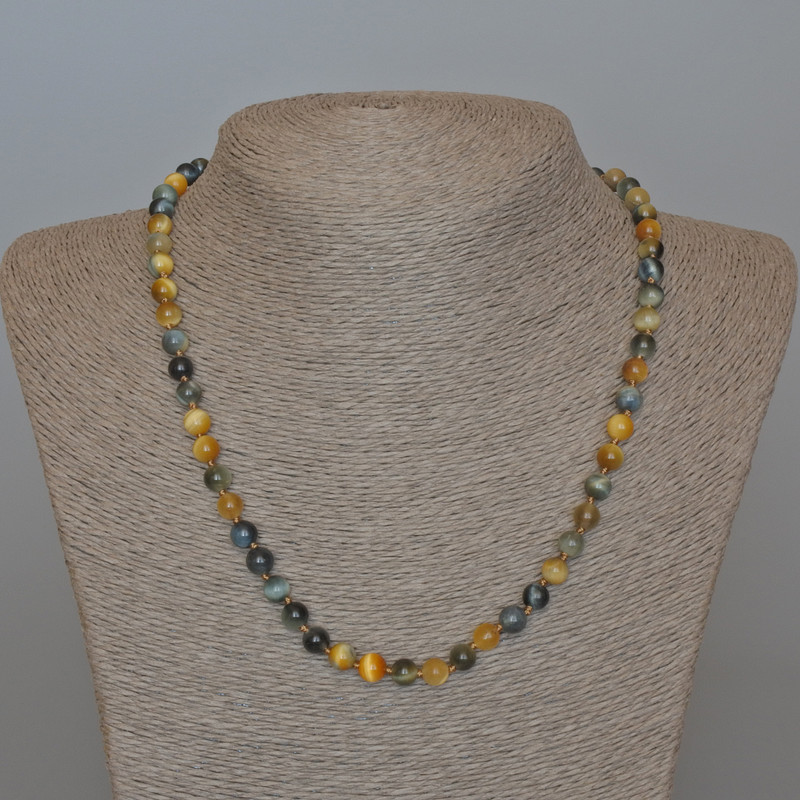 Yellow-Grey Cat's Eye Necklace, natural stone smooth round beads, diameter 6.5mm+/-, length 49cm+