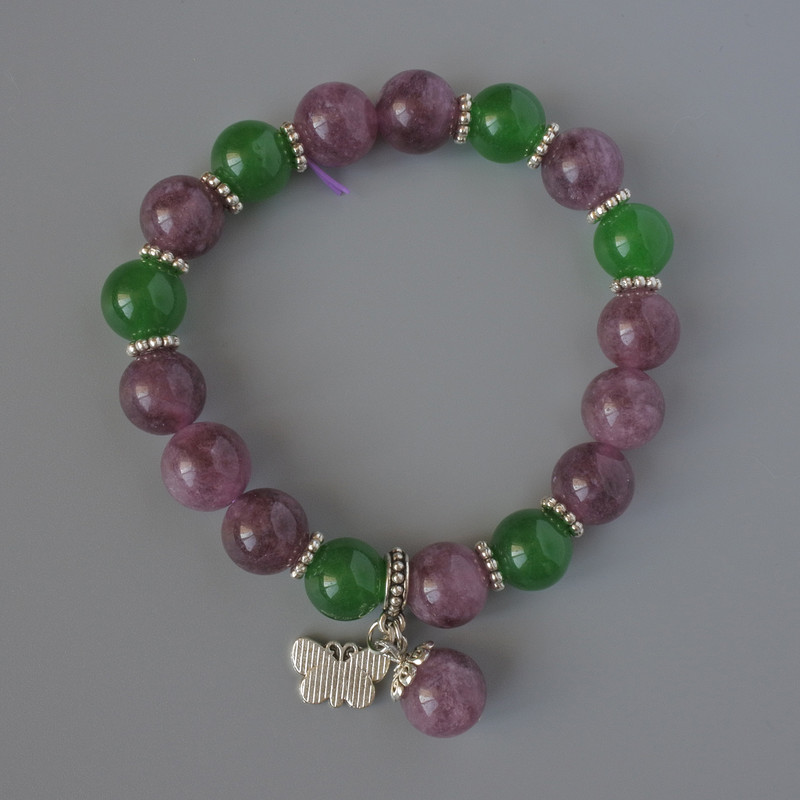 Tourmaline Rubellite and Chrysoprase Bracelet, smooth round beads, diameter 10mm+/-, length 18cm +/- with metal inserts (stretch)