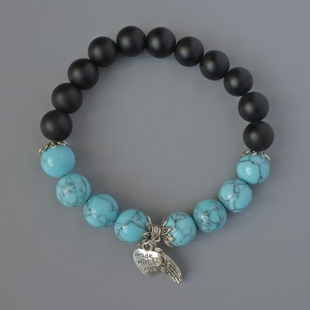 Shungite and Turquoise (imitation) Bracelet, smooth round beads, diameter 10mm+/-, length 18cm +/- with metal inserts (stretch)