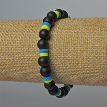 "Ukraine" Bracelet, Shungite (imitation) and Polymer Clay, diameter 8mm, 6x1mm+/-, length 18cm +/- (stretch)